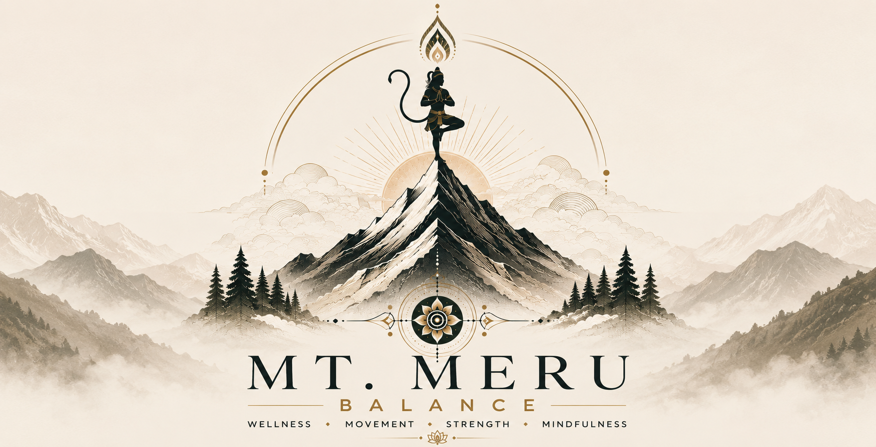 Mt. Meru Balance — Hanuman poised on the summit above a Himalayan range